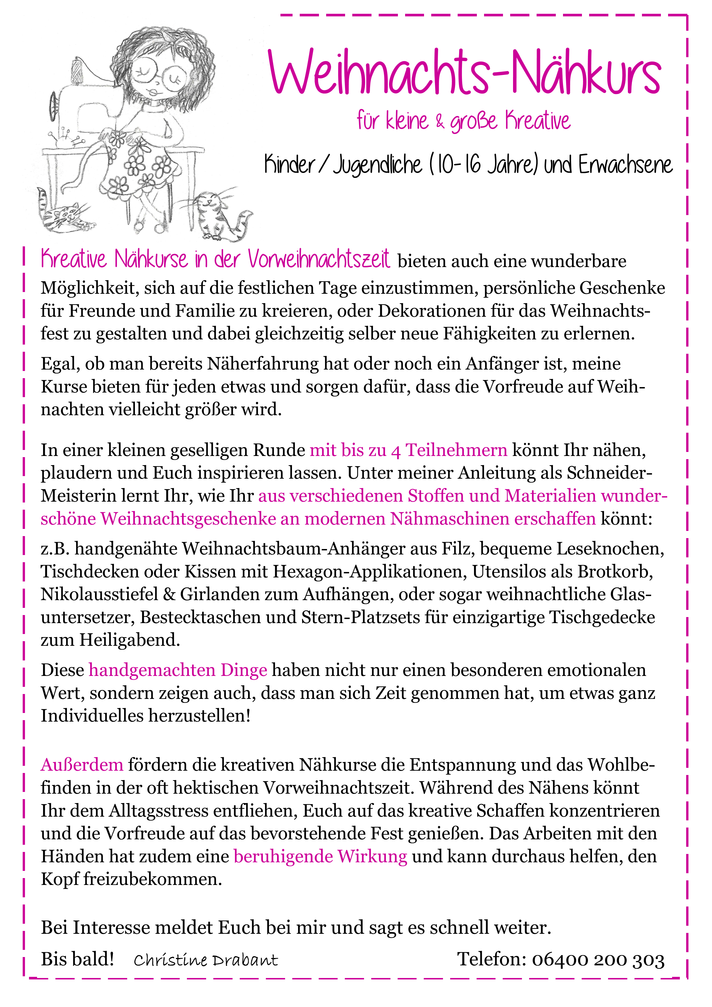 Meine aktuellen Nhkurse


 erfragen Sie bitte mit telefonischer Absprache unter 06400 200 303


 (10.11.2024)